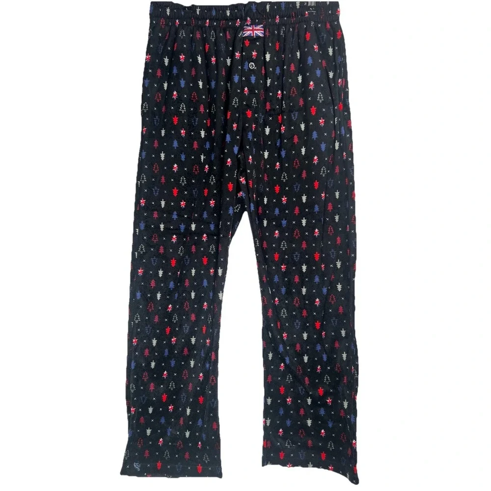 English Laundry Mens XL Pajama Pants Black Fleece Christmas Tree Union Jack Soft